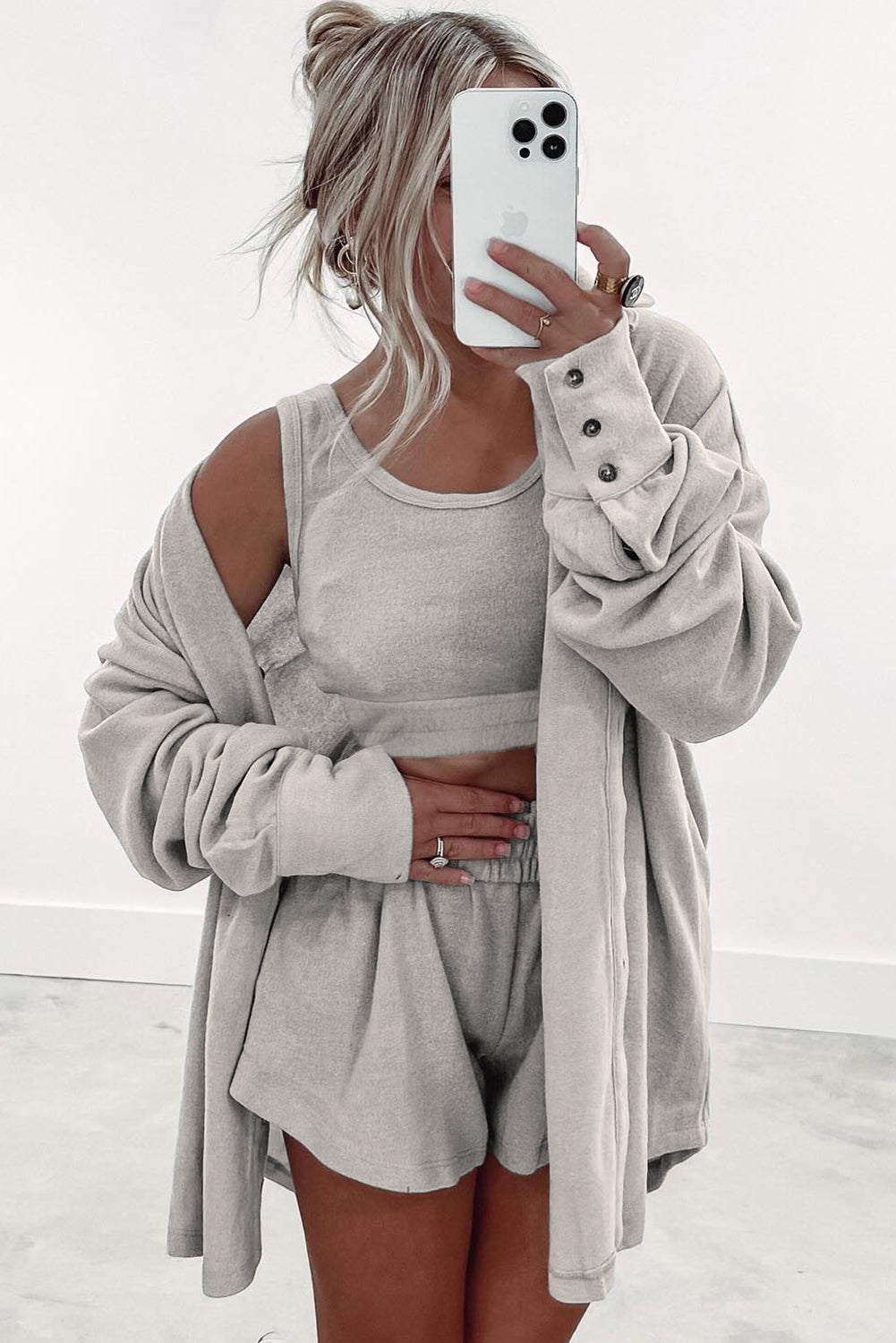 Crop Tank Top Shorts with Cardigan 3pc Lounge Set