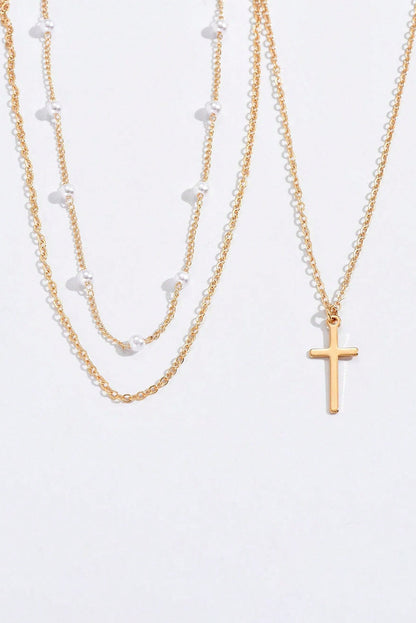 Gold Retro Multi-Layer Pearl and Cross Pendant Necklace Set