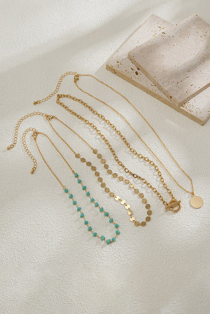 Gold Boho Circle Pendant Multi-Layered Necklace Set