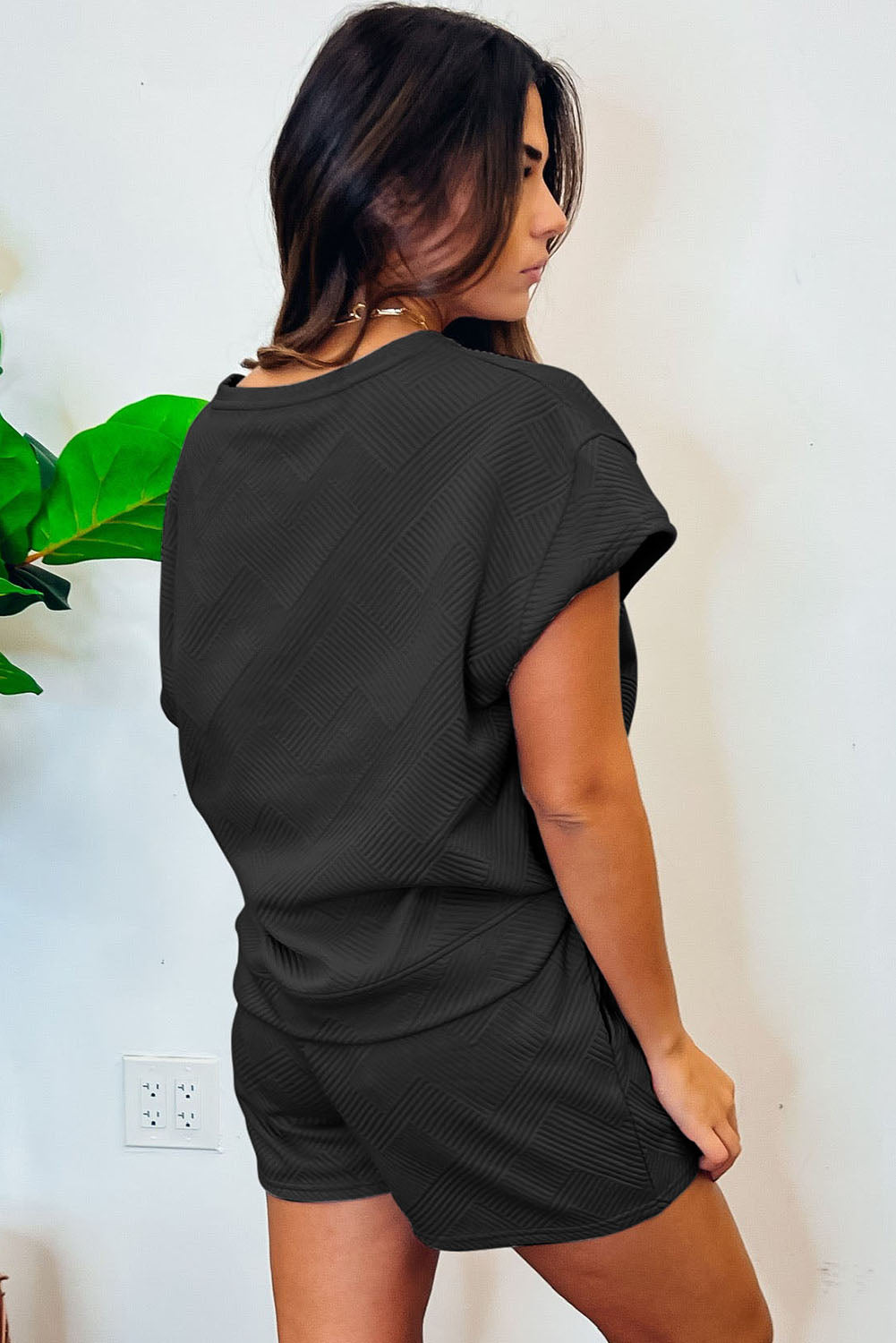 Solid Textured Drawstring 2pc Shorts Set