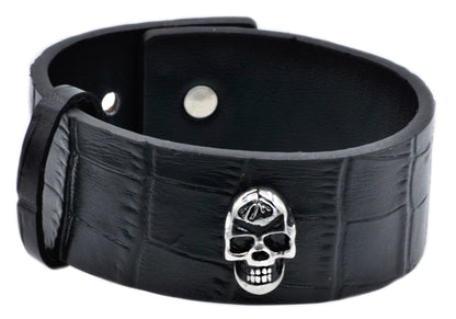 Mens Stainless Steel And Leather Skull Bracelet
