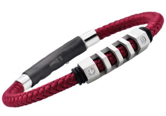 Mens Stainless Steel Red Cotton Rope Bracelet With Cubic Zirconia