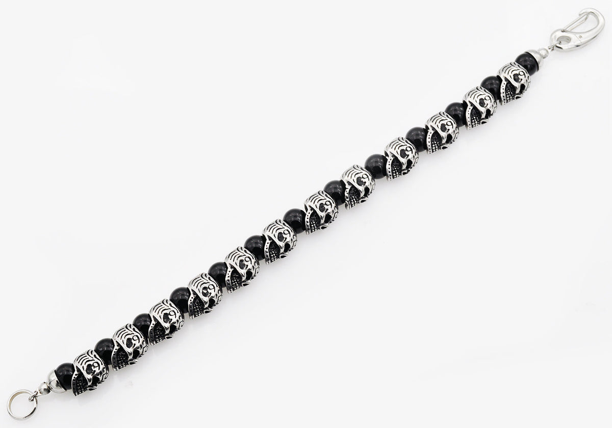 Mens Genuine Onyx Stainless Steel Skull Beaded Bracelet