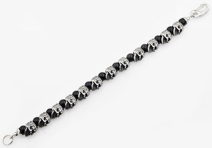 Mens Genuine Onyx Stainless Steel Skull Beaded Bracelet