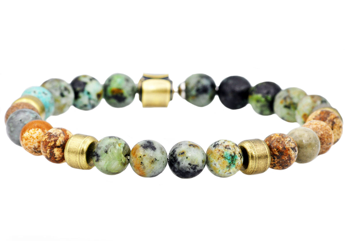 Mens Genuine African Turqoise And Jasper Gold Stainless Steel Beaded Bracelet