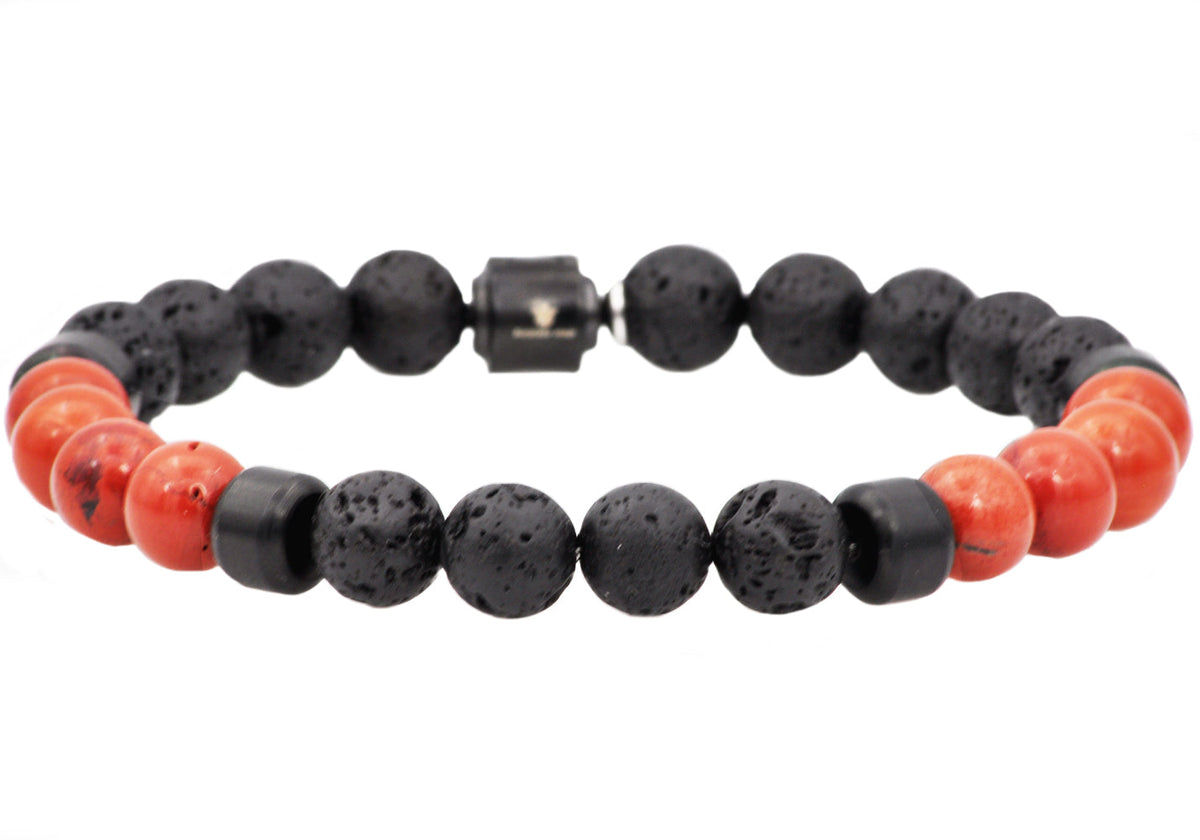 Mens Genuine Lava Stone And Red Fossil Black Plated Stainless Steel Beaded Bracelet
