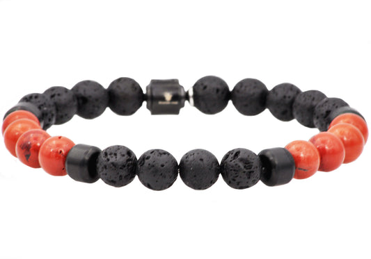 Mens Genuine Lava Stone And Red Fossil Black Plated Stainless Steel Beaded Bracelet
