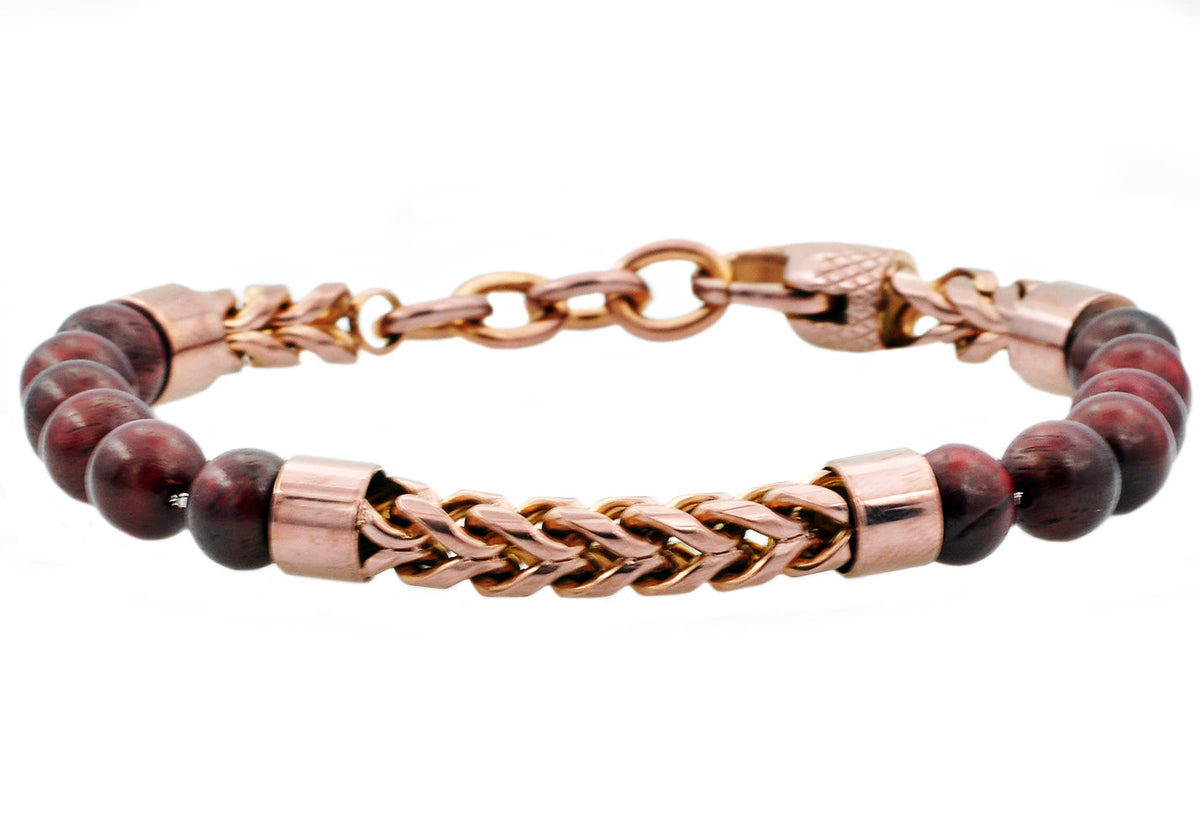 Mens Genuine Red Tiger Eye Chocolate Stainless Steel Beaded And Franco Link Chain Bracelet With Adjustable Clasp