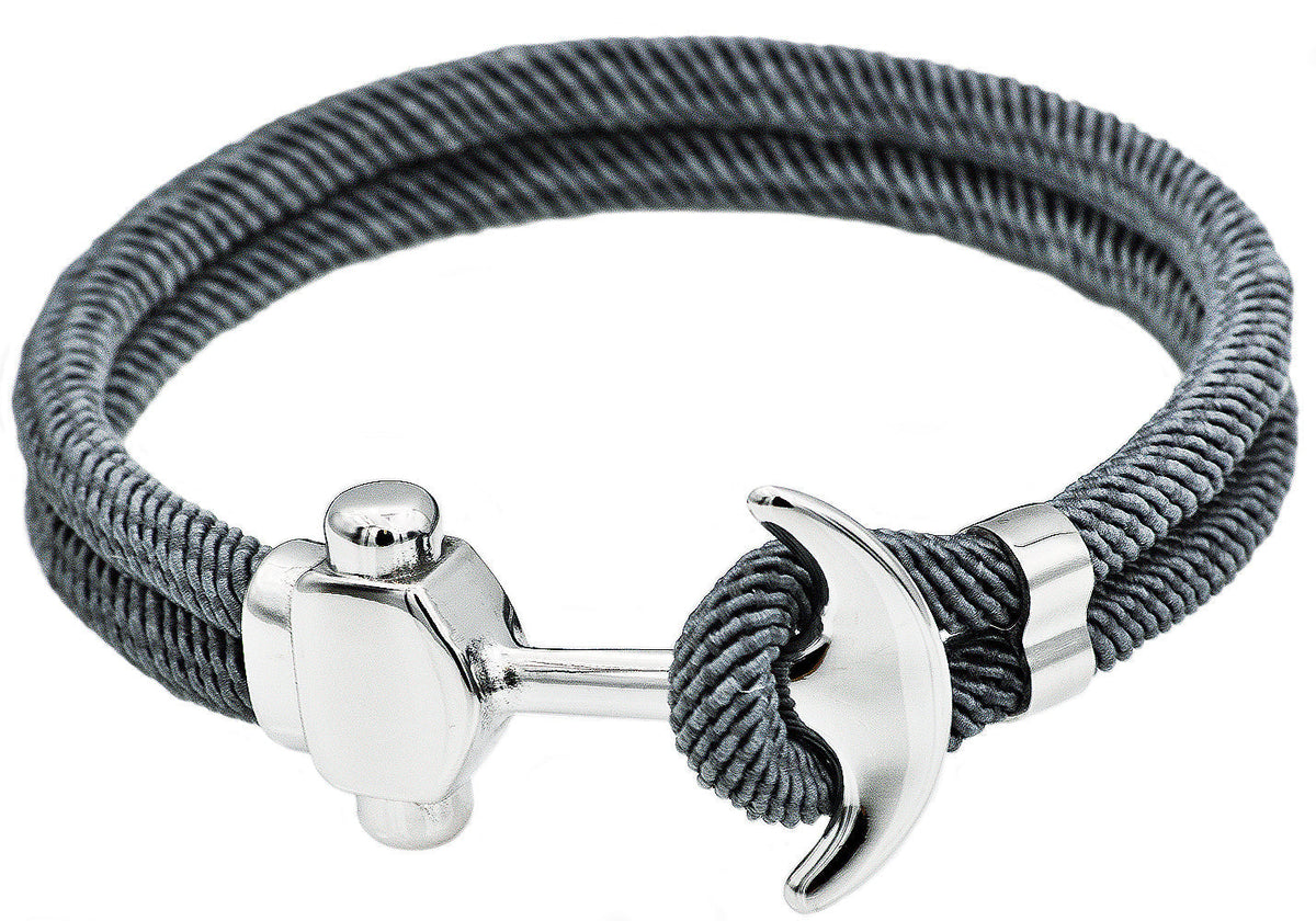 Mens Gray Twisted Cotton Rope Stainless Steel Anchor Bracelet