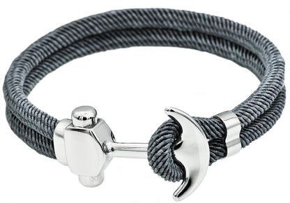 Mens Gray Twisted Cotton Rope Stainless Steel Anchor Bracelet