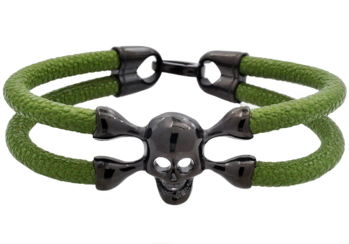 Mens Green Leather And Black Plated Stainless Steel Skull Bracelet