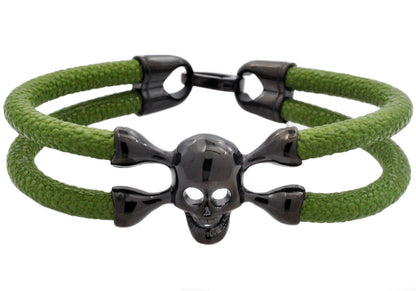 Mens Green Leather And Black Plated Stainless Steel Skull Bracelet