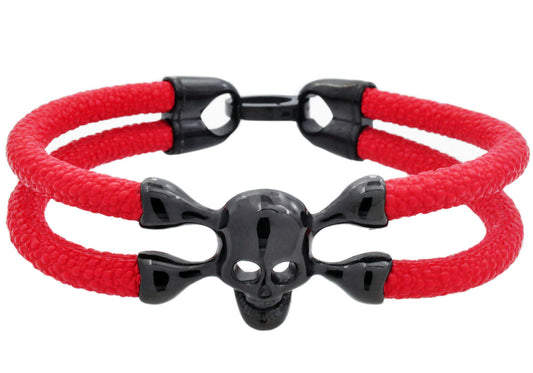 Mens Red Leather And Black Stainless Steel Skull Bracelet