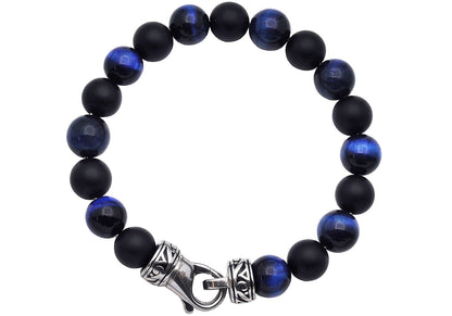 Mens Genuine 10mm Blue Tiger Eye and Onyx Stainless Steel Beaded Bracelet