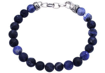 Mens Genuine 8mm Sodalite Bead Stainless Steel Bracelet