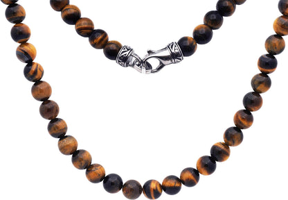 Mens Genuine 8mm Tiger Eye Stainless Steel Beaded Necklace