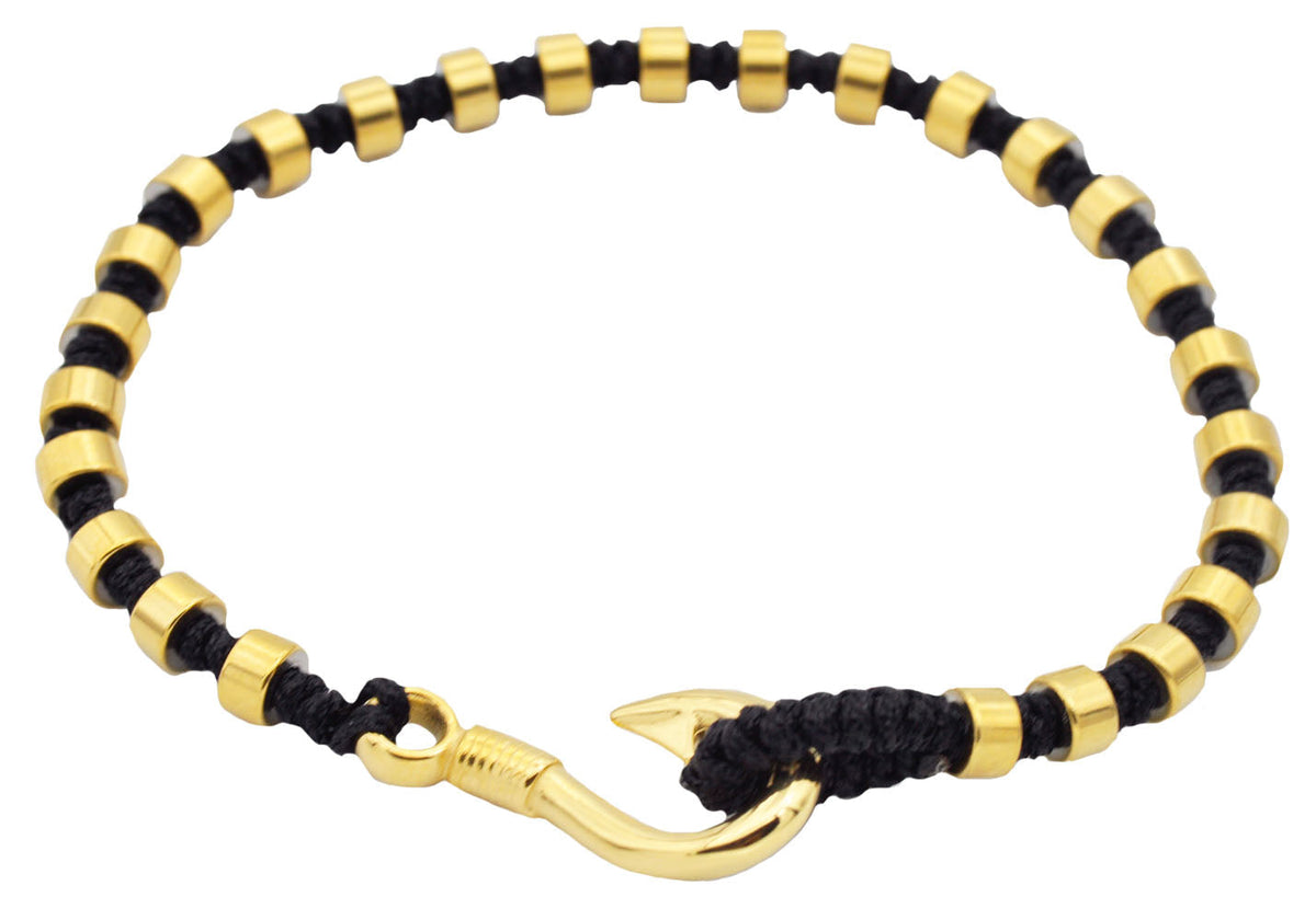 Mens Black Cotton Rope Gold Stainless Steel Hook Bracelet