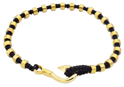 Mens Black Cotton Rope Gold Stainless Steel Hook Bracelet