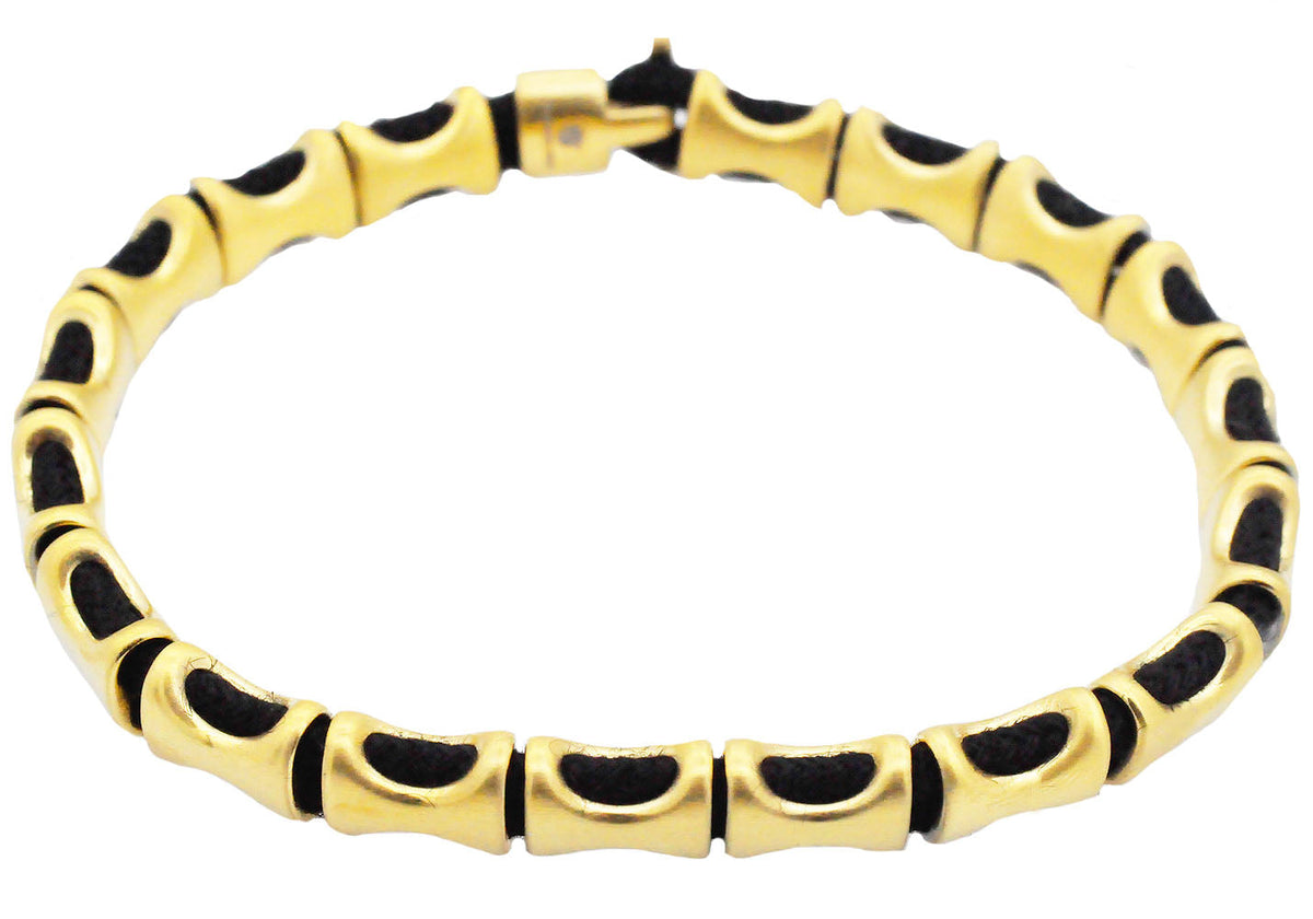 Mens Gold Stainless Steel Black Cotton Rope Bracelet