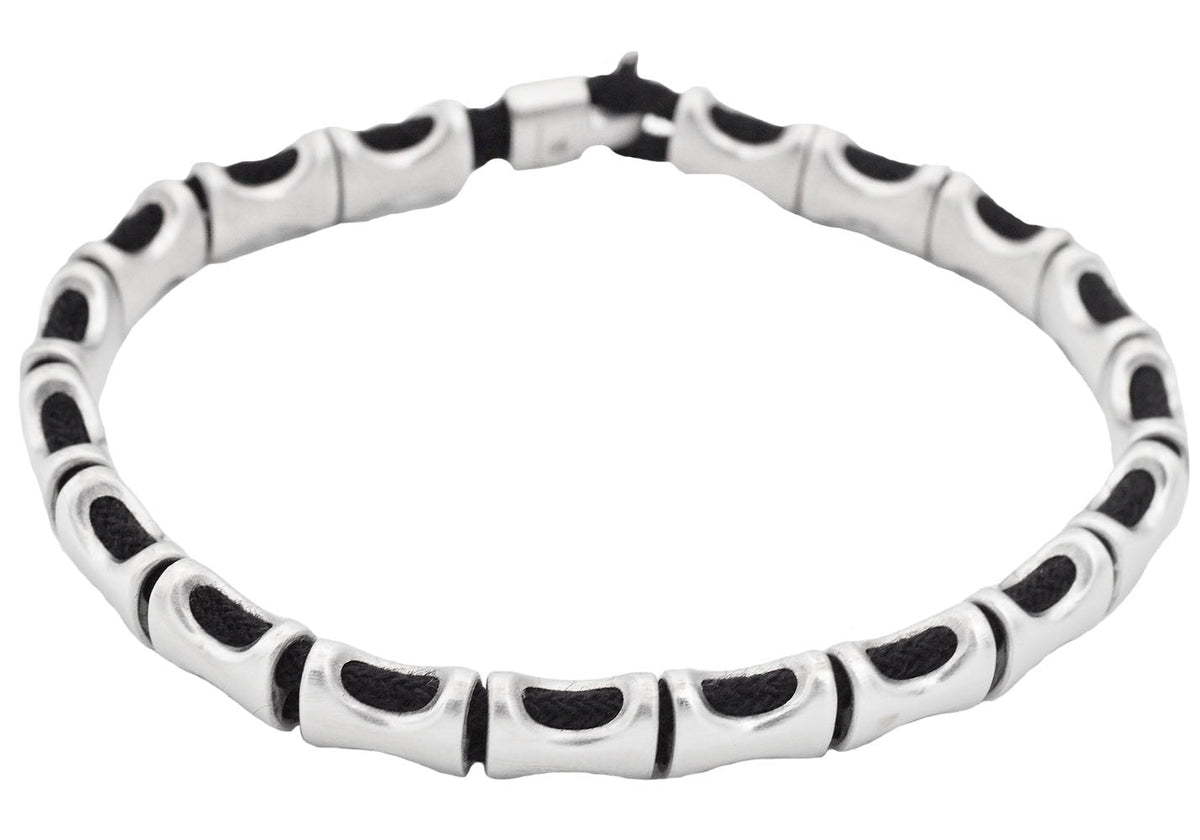 Mens Stainless Steel Black Cotton Rope Bracelet