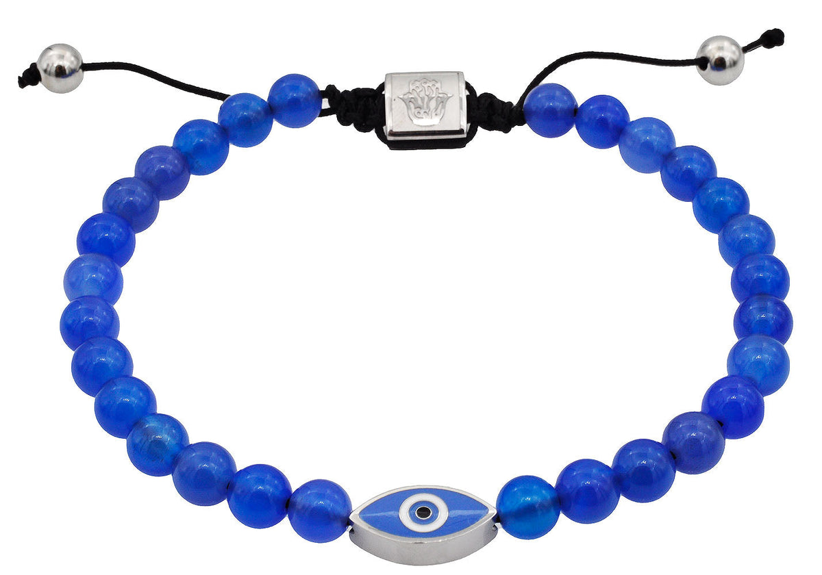 Mens Genuine Blue Agate 6mm Bead Stainless Steel Drawstring Evil Eye Bracelet
