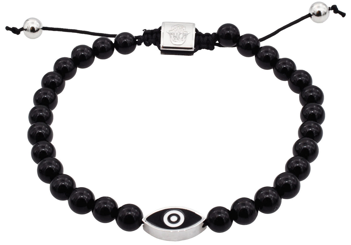 Mens Genuine Onyx 6mm Bead Stainless Steel Drawstring Evil Eye Bracelet