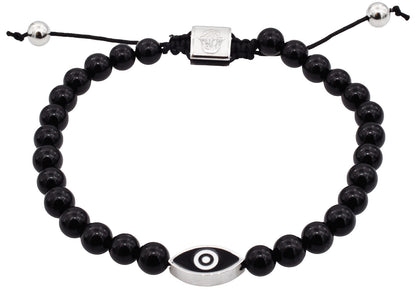Mens Genuine Onyx 6mm Bead Stainless Steel Drawstring Evil Eye Bracelet