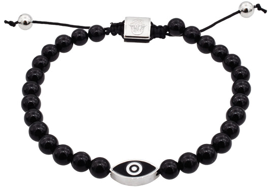 Mens Genuine Onyx 6mm Bead Stainless Steel Drawstring Evil Eye Bracelet