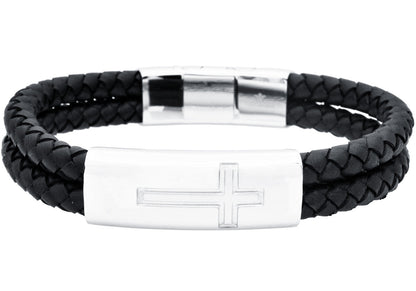 Mens Double Strand Black Leather Stainless Steel Cross Bracelet
