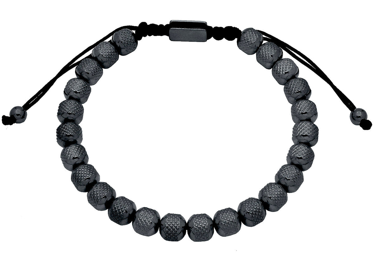 Mens 7mm Black Plated Stainless Steel Bead Drawstring Bracelet