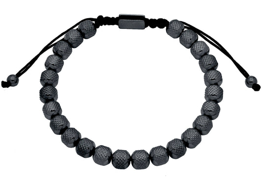 Mens 7mm Black Plated Stainless Steel Bead Drawstring Bracelet