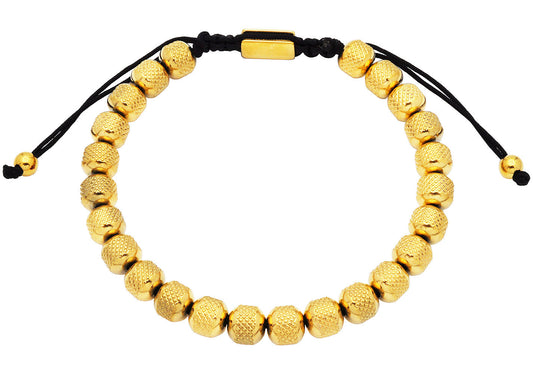 Mens 7mm Gold Plated Stainless Steel Bead Drawstring Bracelet