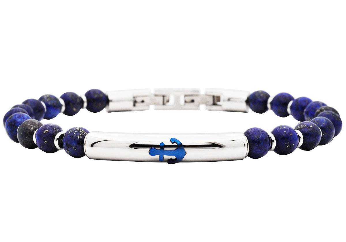 Mens Genuine Lapis Lazuli 6mm Bead Stainless Steel Bracelet a Anchor Badge