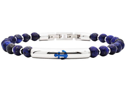 Mens Genuine Lapis Lazuli 6mm Bead Stainless Steel Bracelet a Anchor Badge
