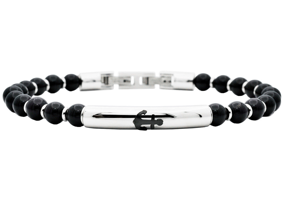 Mens Genuine Onyx 6mm Bead Stainless Steel Bracelet a Anchor Badge