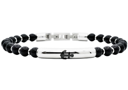 Mens Genuine Onyx 6mm Bead Stainless Steel Bracelet a Anchor Badge