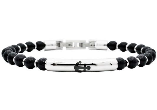 Mens Genuine Onyx 6mm Bead Stainless Steel Bracelet a Anchor Badge