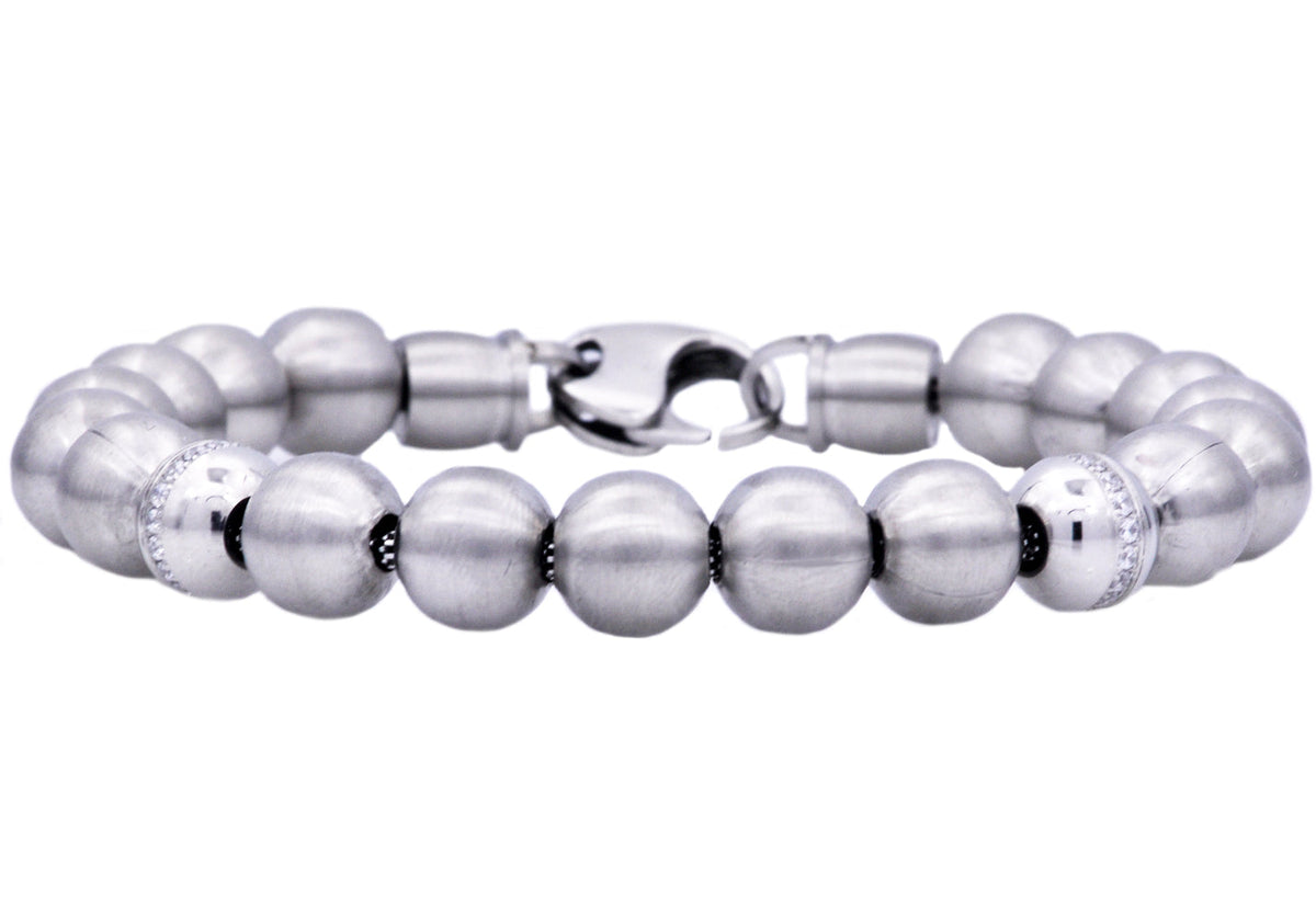 Mens Stainless Steel Beaded Bracelet With Cubic Zirconia