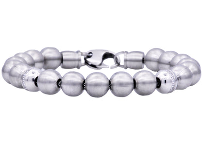 Mens Stainless Steel Beaded Bracelet With Cubic Zirconia
