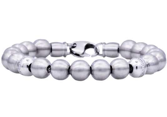Mens Stainless Steel Beaded Bracelet With Cubic Zirconia