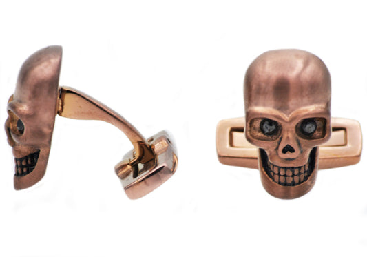 Mens Chocolate Stainless Steel Skull Cuff Links With Black Cubic Zirconia