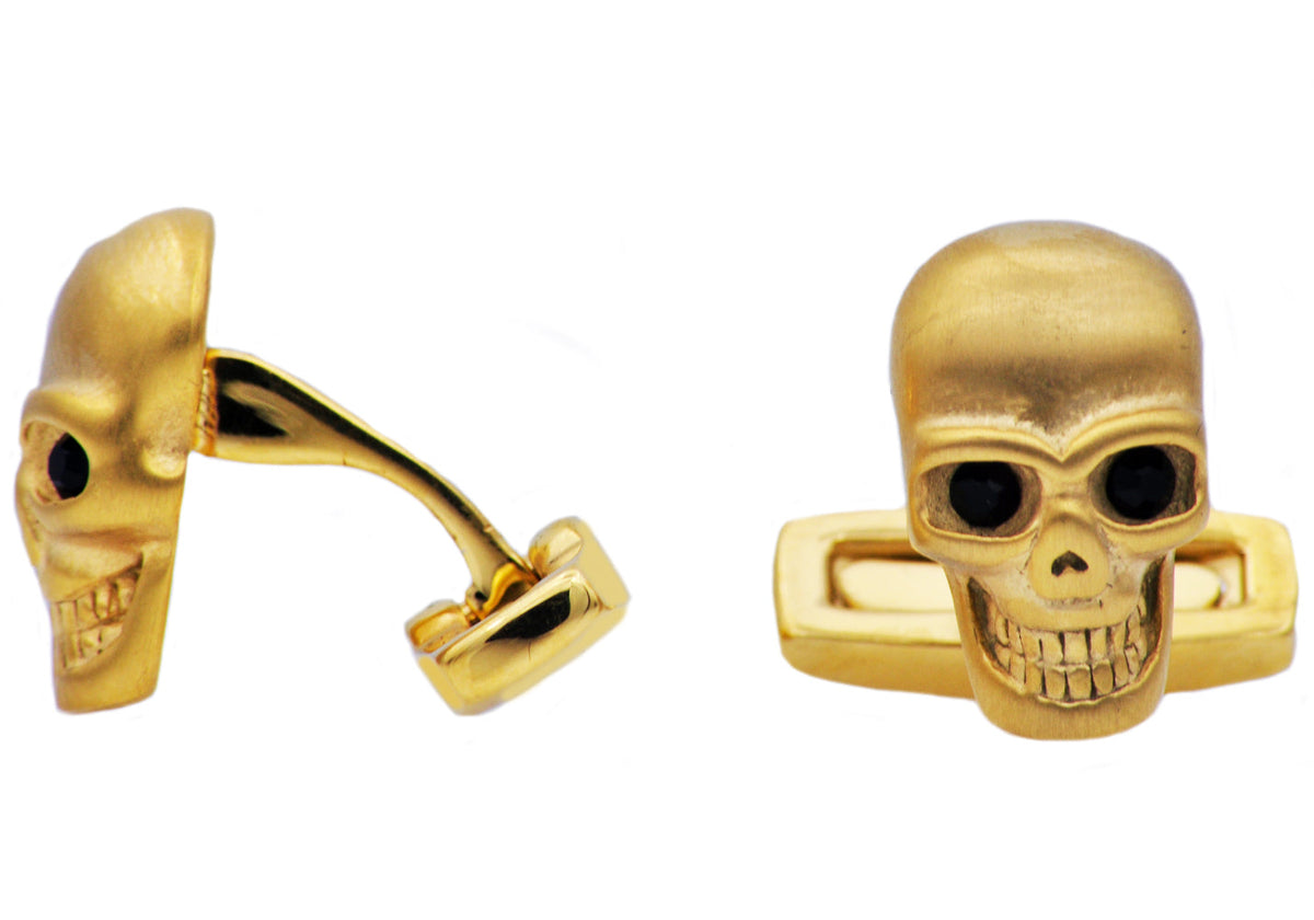 Mens Gold Stainless Steel Skull Cuff Links With Black Cubic Zirconia