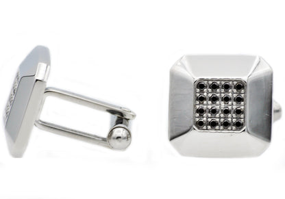 Mens Stainless Steel Cuff Links With Black Cubic Zirconia