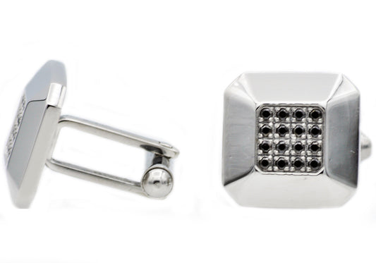 Mens Stainless Steel Cuff Links With Black Cubic Zirconia