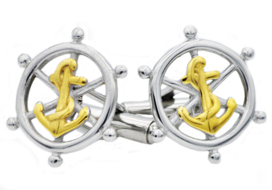 Mens Gold Stainless Steel Ship Helm And Anchor Cuff Links