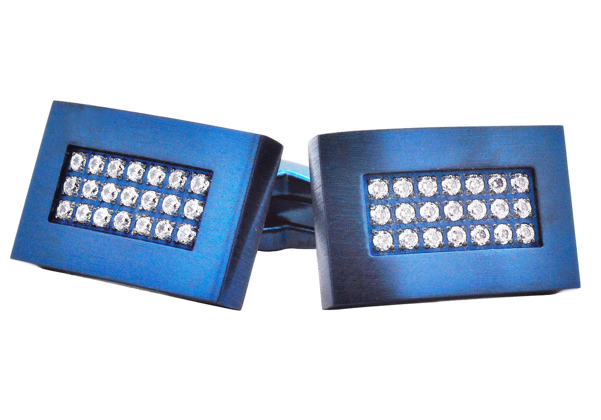 Men's Blue Plated Stainless Steel Cuff Links With Cubic Zirconia