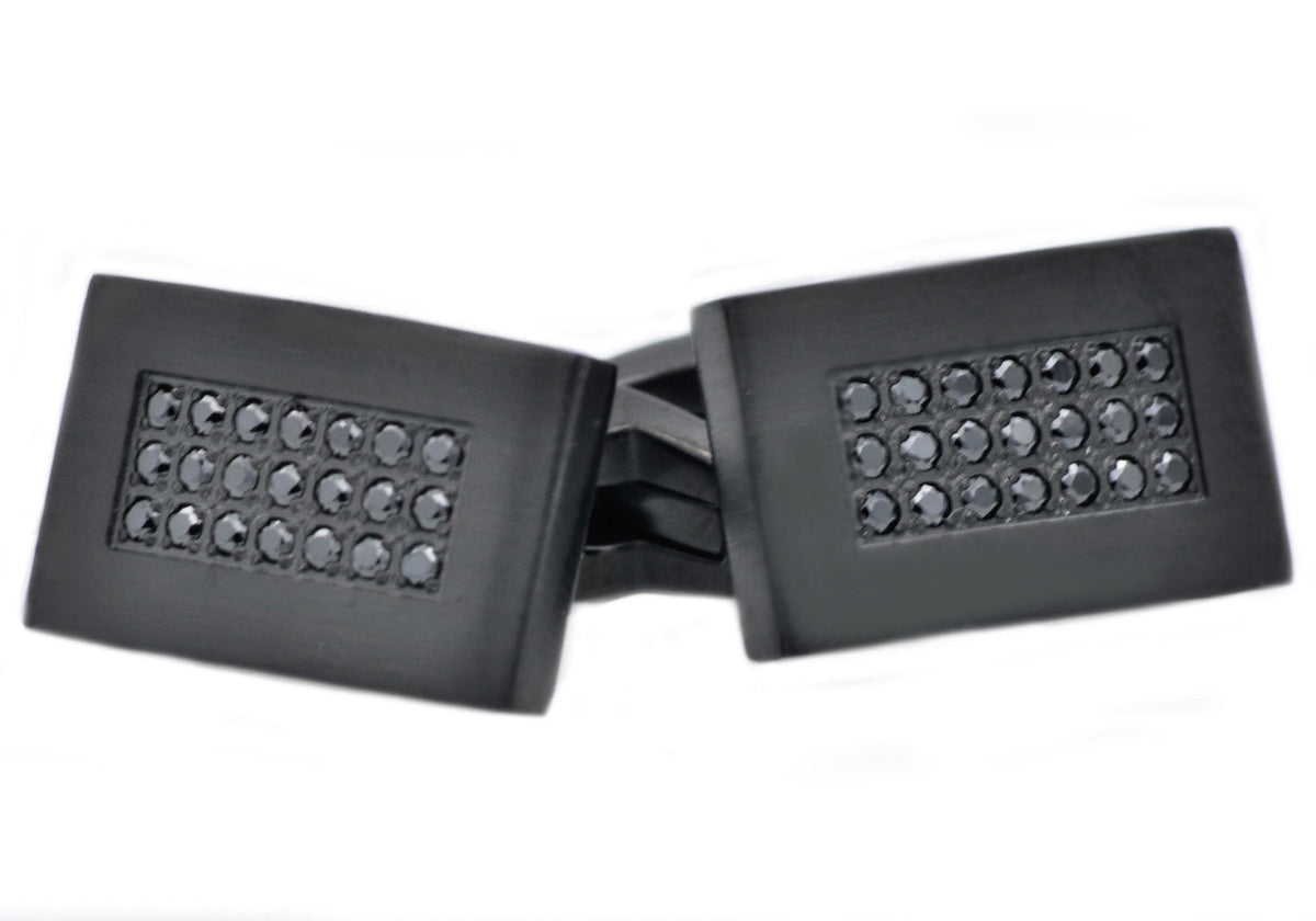 Mens Black Plated Stainless Steel Cuff Links With Black Cubic Zirconia