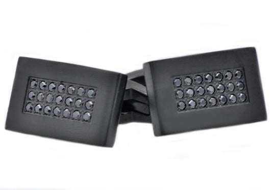 Mens Black Plated Stainless Steel Cuff Links With Black Cubic Zirconia