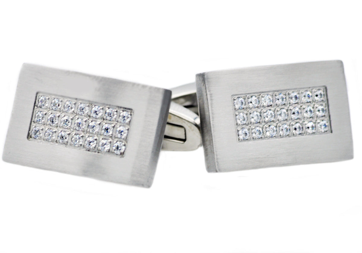 Mens Stainless Steel Cuff Links With Cubic Zirconia