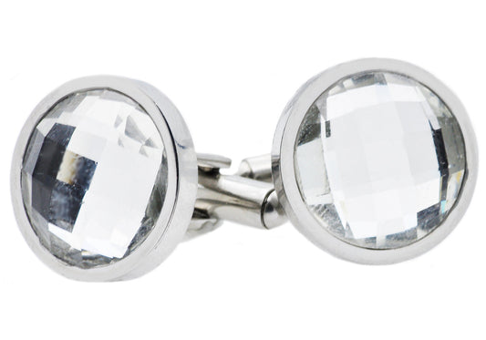 Mens Stainless Steel Cuff Links With Clear Crystals